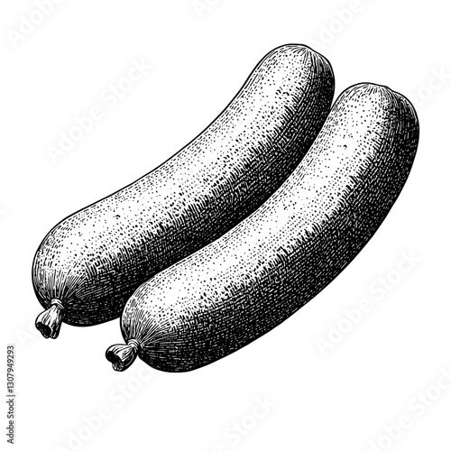 Engraved tattoo design featuring two stylized sausages with intricate detailing and vintage flair
