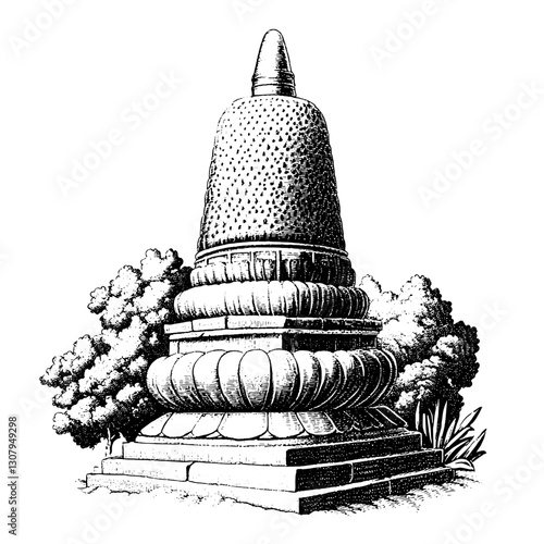 Intricate engraved illustration of a sacred stupa surrounded by lush foliage in a serene setting