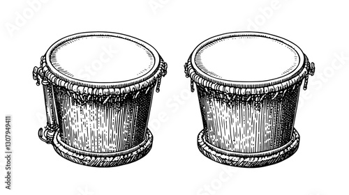 Inspiring engraved illustration of two traditional drums adorned with intricate details, perfect for tattoo designs or artistic expressions