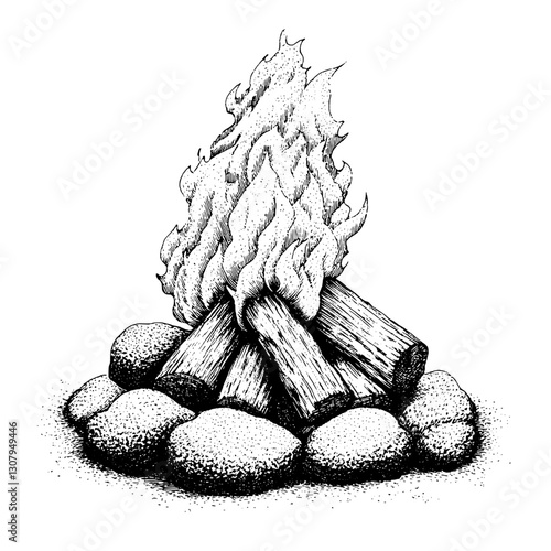 Engraved illustration of a cozy campfire surrounded by smooth stones, perfect for outdoor gatherings and tattoo inspiration