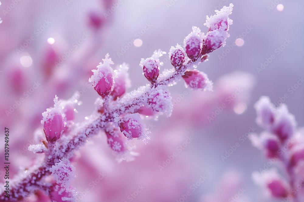 Beautiful frozen pink flower buds with sparkling frost in a winter wonderland setting : Generative AI Beautiful frozen pink flower buds with sparkling frost in a winter wonderland setting : Generative AI
