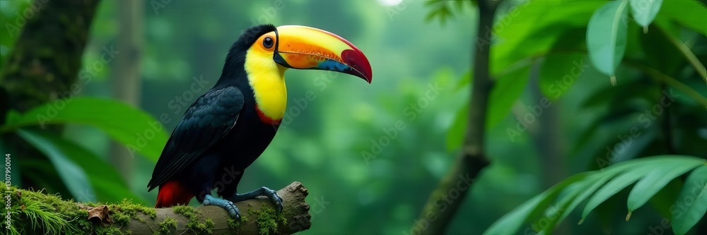 Obraz premium Vibrant toucan on mossy branch, rainforest rain , tropical, beak