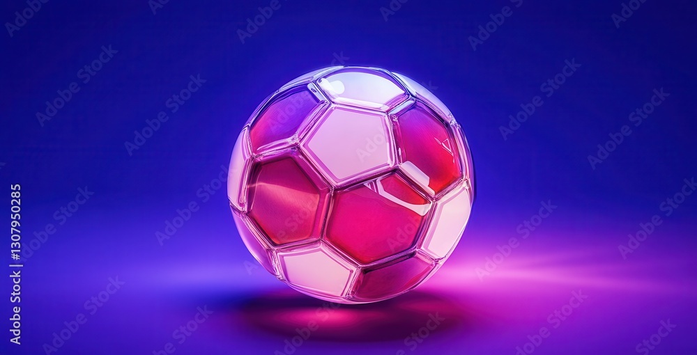 Naklejka premium Vibrant and Glossy Soccer Ball with Colorful Lighting Effects on a Smooth Surface for Dynamic Sports Imagery and Creative Designs