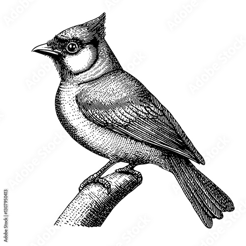Engraved illustration of a blue jay perched on a branch, showcasing intricate details of nature and wildlife artistry