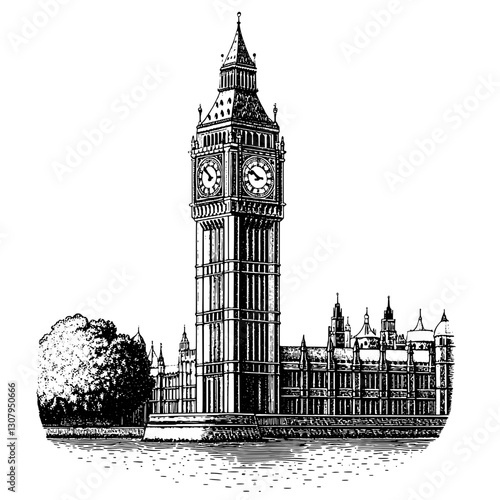 Intricate engraving of the iconic Big Ben clock tower overlooking the River Thames in London
