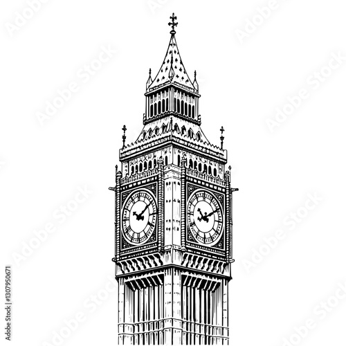 Engraved illustration of a historic clock tower showcasing intricate details and timeless beauty in a vector style