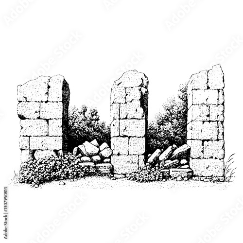 Engraved illustration of ancient stone ruins surrounded by lush greenery inviting remembrance of a lost civilization