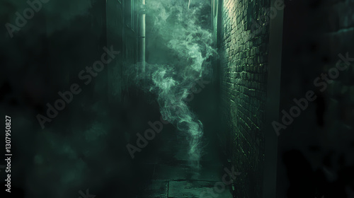 Flowing smoke with an ethereal glow, fading into shadowy darkness, creating an abstract and mysterious composition. Shadowy - Alley. Illustration photo