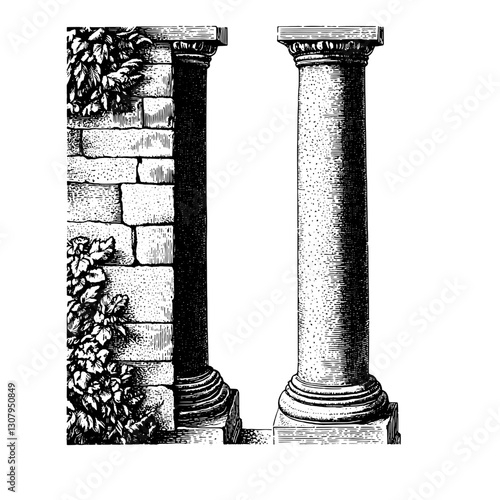 Engraved illustration of ornate columns intertwined with natural elements evoking classical architecture and artistry