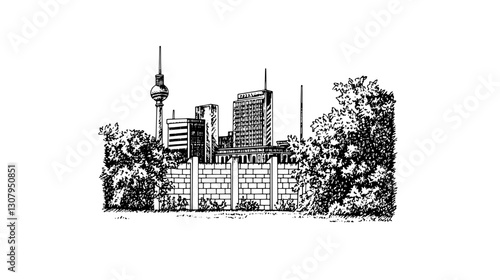 Engraved urban skyline with historical elements showcasing Berlin architecture and cultural heritage in a timeless design