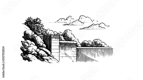 Engraved vector illustration of a serene landscape featuring rocks and clouds, perfect for tattoo design enthusiasts