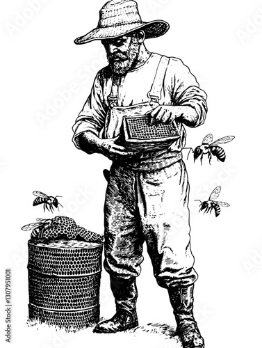 Engraved vector illustration of a beekeeper examining hive frames in a rustic setting with buzzing bees around