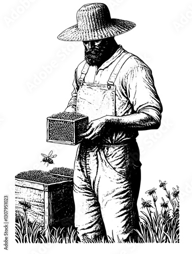 Intricate vintage engraving of a beekeeper tending hives under a sunny sky surrounded by flowers