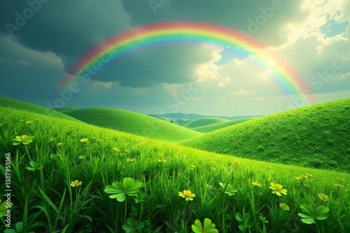 Emerald hills, rainbow's arc reveals hidden gold in clover patch , mystical, Irish, magical