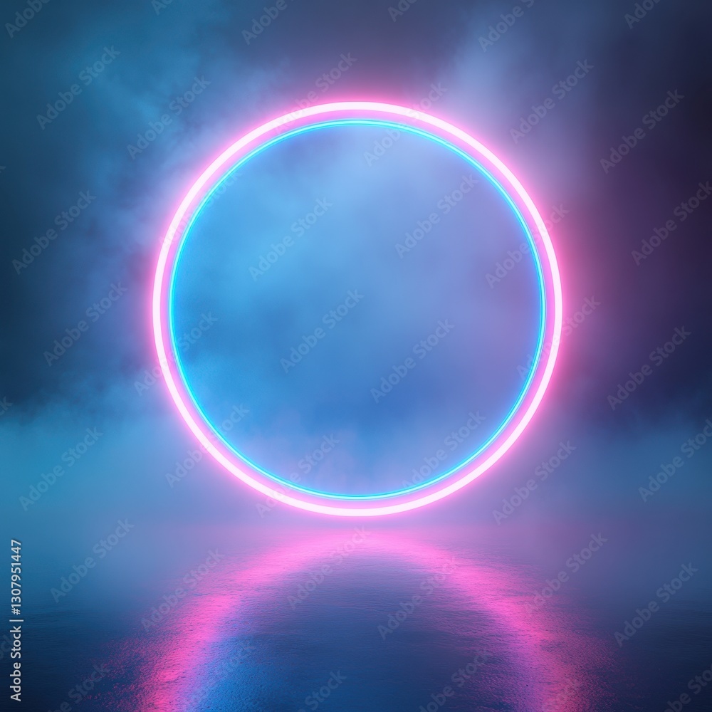 Obraz premium Vibrant Neon Circle in a Misty Atmosphere with Reflective Surface Enhancing Light and Color in a Surreal and Dreamy Environment