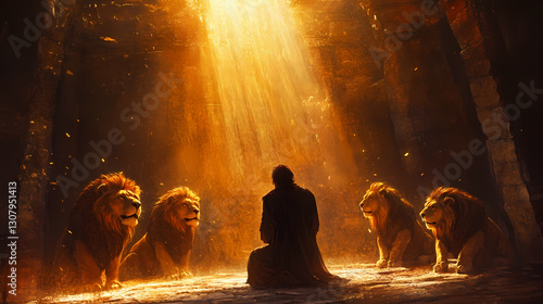 Illuminated daniel kneeling in prayer fierce lions surrounding him in shadowy den divine light streaming from above ancient stone walls faithfilled atmosphere. Shadowy - Alley. Illustration