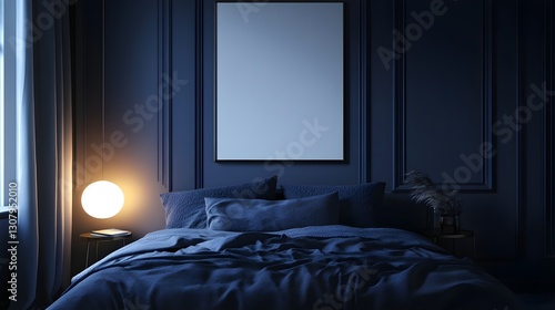 Blank white poster mockup in a cozy bedroom. 3D rendering