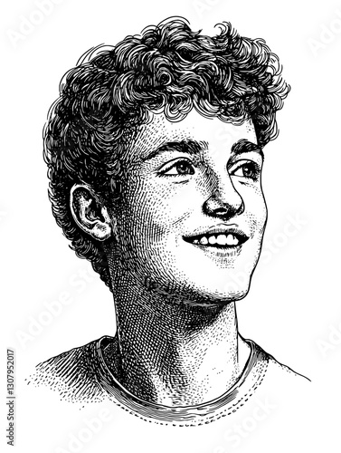 Engraved illustration of a smiling young man with curly hair, capturing a moment of joy and innocence in vector art style