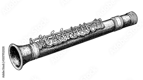 Engraved illustration depicting a vintage woodwind instrument designed for artistic expression through tattoo art