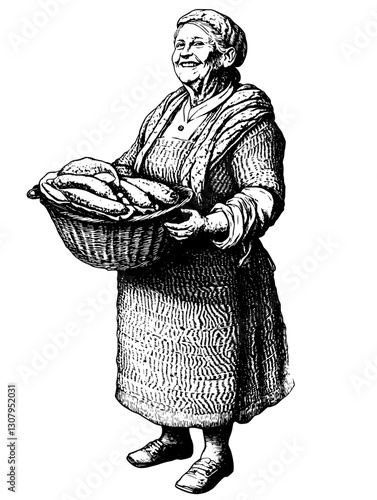 Woman holding a basket of freshly baked bread in an artistic engraved illustration showcasing a nostalgic farming setting