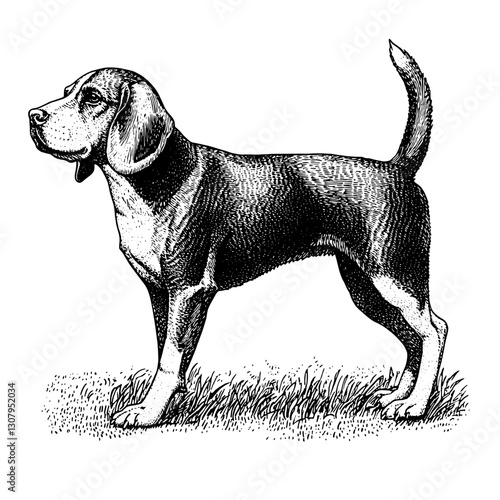 Engraved vector illustration of a beagle standing proudly in an outdoor setting showcasing natural canine beauty