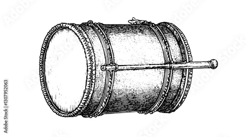 Engraved illustration of a classic drum showcasing intricate details and timeless craftsmanship