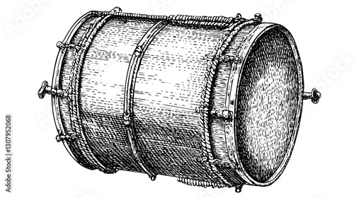Engraved illustration depicting a vintage drum designed for tattoo art enthusiasts and musicians alike