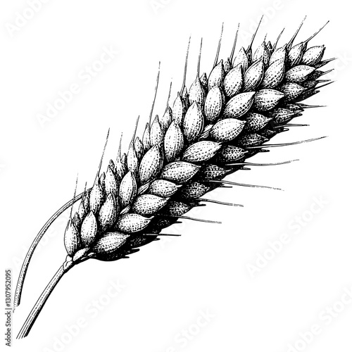 Intricate engraved illustration of wheat stalk showcasing nature's beauty and agricultural abundance in stark black and white detail