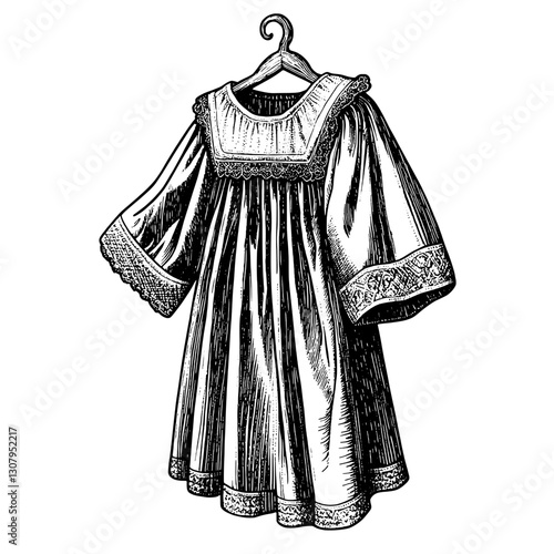Vintage inspired engraved illustration showcasing a delicate gown on a hanger, perfect for tattoo design enthusiasts