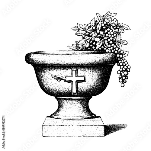 Engraved tattoo design featuring a decorative urn adorned with grapes and a cross symbolizing abundance and faith