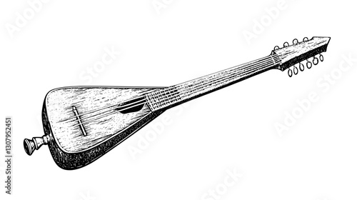 Elegant string instrument engraved in detailed illustration showcasing artisan craftsmanship