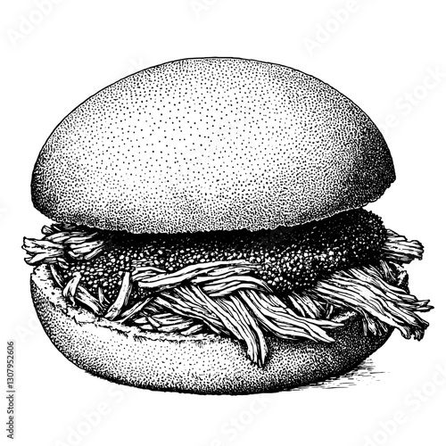 Intricate engraved illustration of a delicious shredded meat sandwich on a soft bun