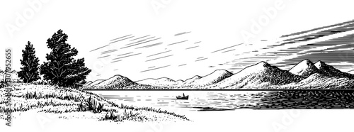 Engraved vector illustration depicting tranquil mountains and serene lake with a solitary boat at sunset