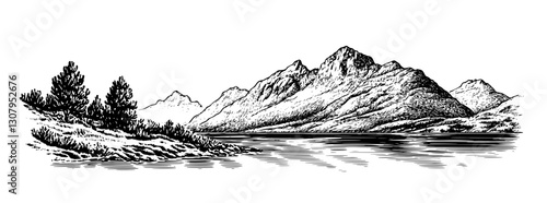 Engraved mountain range and serene river landscape depicted in artistic vector style for tattoo design inspiration
