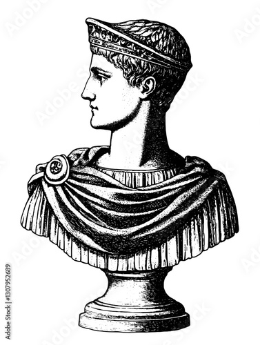 Engraved illustration of a historical bust depicting classical elegance and artistry in timeless sculpture