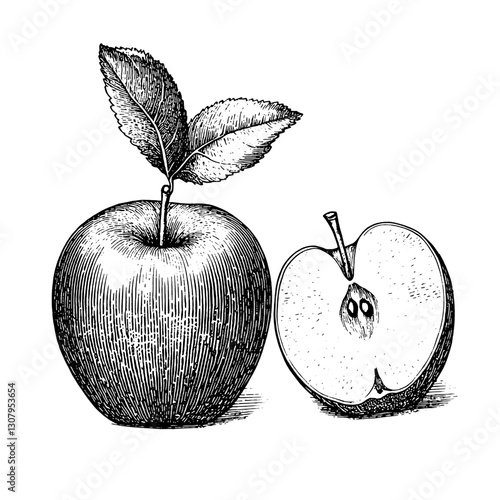 Engraved vector illustration of an apple with a leaf and its cross-section showcasing its internal details