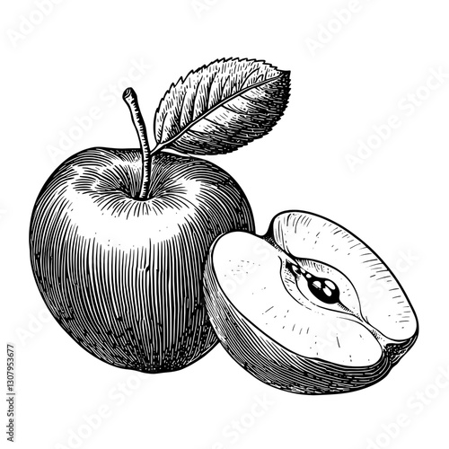 Engraved vector illustration of an apple alongside a halved fruit revealing its seed nestled within