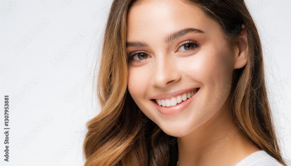 Portrait of a Happy Young Woman Smiling for Skincare and Cosmetics on a White Background Portrait of a Happy Young Woman Smiling for Skincare and Cosmetics on a White Background