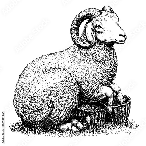 Engraved illustration of a sheep resting on a grassy field, blending nature's beauty with artistic detail for a unique tattoo design