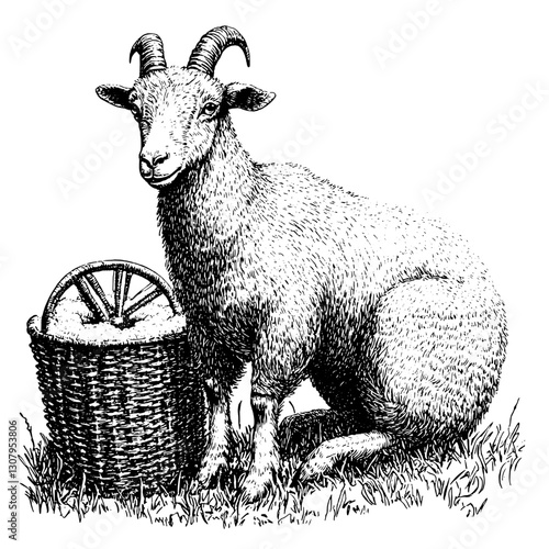 Intricate engraving of a goat seated beside a woven basket filled with wool in a serene natural setting