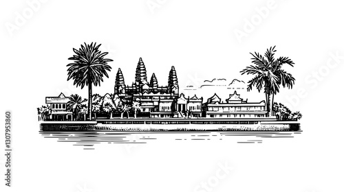 Engraved illustration of a serene temple landscape with palm trees at sunset along a calm river