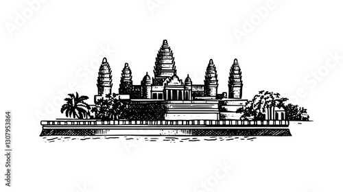 Intricate engraved illustration of a majestic temple surrounded by serene landscaping and palm trees under a clear sky