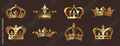 A set of vintage retro golden crown design icon elements. 