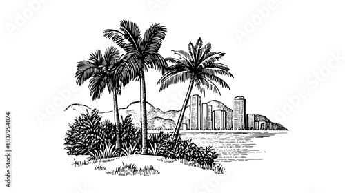 Inhabitants of a tropical shore amid towering skyscrapers and gentle waves at sunset