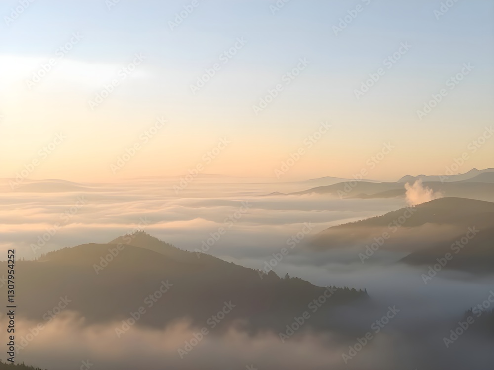 Mountain Peaks Emerging from a Sea of Mist Tranquil Landscape at Sunrise or Sunset, Serene Foggy Scenery Mountain Peaks Emerging from a Sea of Mist Tranquil Landscape at Sunrise or Sunset, Serene Foggy Scenery