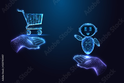 AI chatbot and shopping cart in glowing hands. E-commerce automation, online shopping concept vector