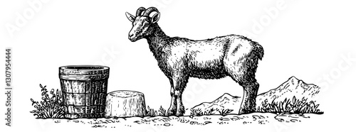 Engraved vector illustration of a goat beside a wooden barrel in a mountainous landscape