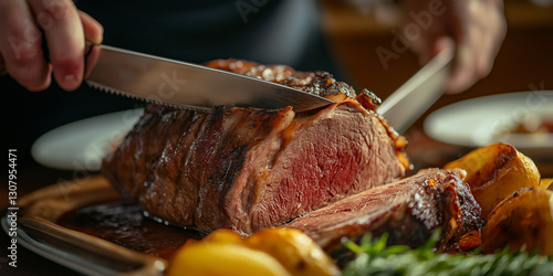 Cooked Roast Beef Being Sliced
