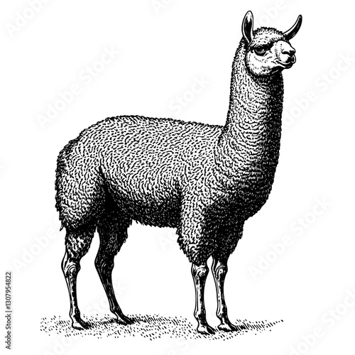 Engraved illustration of a llama showcasing intricate details and texture in a unique tattoo style design