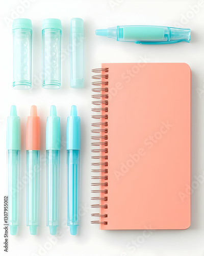Pastel Colored Stationery Flatlay Illustration: Notebook, Pens, and Highlighters